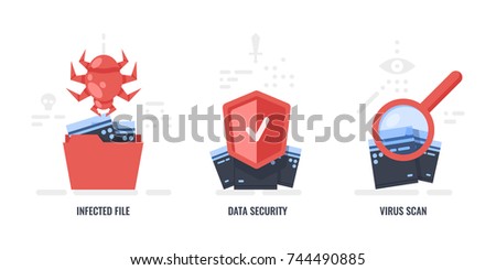 Data protection concepts, infected files, data security, virus scan, folder with files flat icon vector illustration
