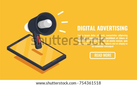 Digital advertising, mobile device isometric vector, smartphone with speaker, event notification flat isometric illustration on orange background