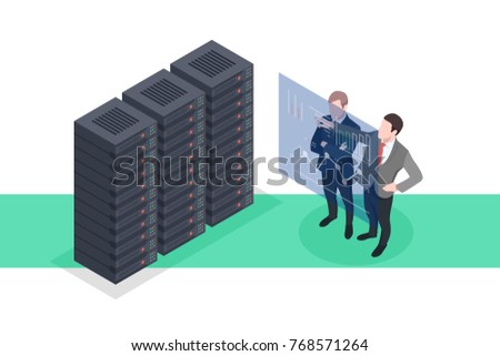 Two system managers analyzing information of server room equipment, professional system administrator concept isometric flat vector iluustration