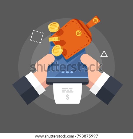 Mobile money balance replenishment and refill online service. Phone banking with purse and coins. Online wallet, shopping , eCommerce. Business finance concept. Vector flat illustration 