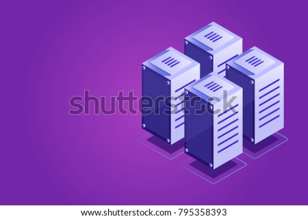 Isometric vector server rack, data center concept, vps vds hosting, server room, cloud storage place gradient violet