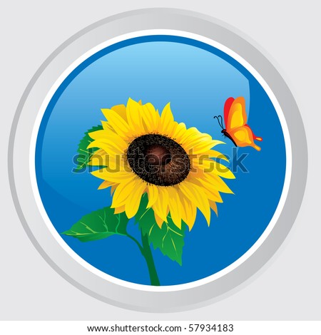 Vector icon. Button with the flower sunflower and butterfly