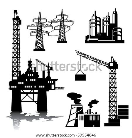 Set Of Vector Silhouette Images Of Industrial Buildings And Structures ...