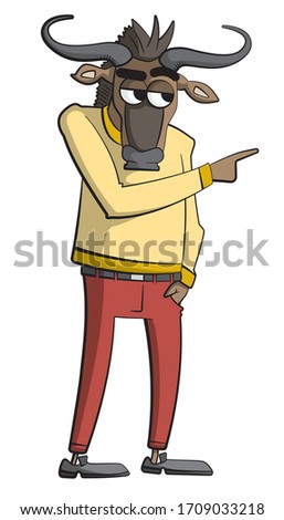 Cartoon style illustration of a gnu character standing, pointing and looking to the side.