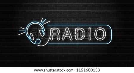 Vector realistic isolated neon sign of Radio logo with headset for decoration and covering on the wall background. Concept of on air, broadcasting and dj.