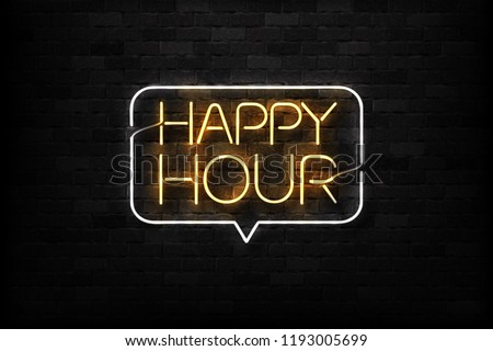 Vector realistic isolated neon sign of Happy Hour logo for decoration and covering on the wall background. Concept of night club, free drinks, bar counter and restaurant. 商業照片 © 