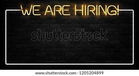 Vector realistic isolated neon sign of We Are Hiring frame logo for decoration and covering on the wall background. Concept of Join us and cv.