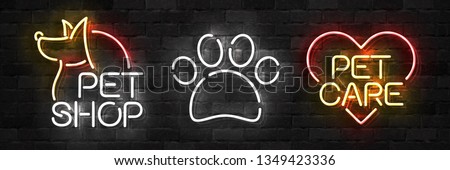 Vector set of realistic isolated neon sign of Pet Shop logo for template decoration and mockup covering on the wall background. Concept of pet care and veterinary. Stock fotó © 