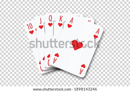 Vector realistic isolated playing cards with royal flush poker combination on the transparent background.