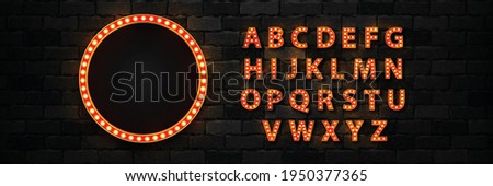 Vector realistic isolated marquee circle lightbox billboard with light bulb neon font for template decoration and invitation covering on the wall background. Concept of broadway and show.