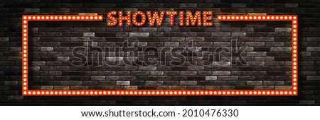 Vector realistic isolated retro marquee billboard with electric light lamps of Showtime frame logo for invitation on the wall background.