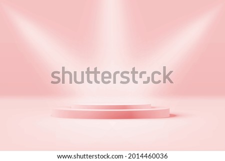 Vector realistic podium platform with pastel pink color and spotlights in abstract stage for product placement and display.