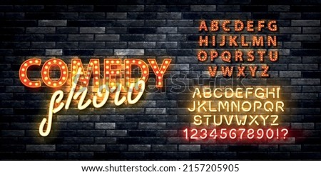 Vector realistic isolated marquee text of Comedy Show with easy to change color alphabet font on the wall background. Concept of stand up perfomance and humor.