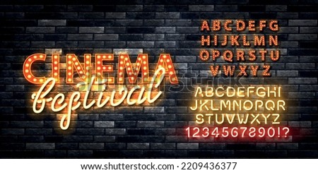 Vector realistic isolated retro marquee neon billboard with electric light lamps of Cinema Festival logo with easy to change color alphabet font on the wall background.