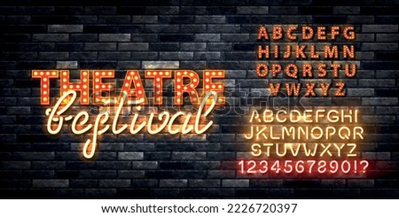 Vector realistic isolated retro marquee billboard with electric light lamps of Theatre Festival logo with alphabet font on the wall background.