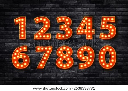 Vector set of marquee neon numbers isolated on wall background.