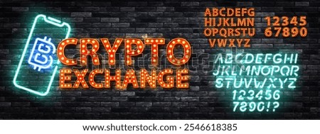 Vector neon sign of Crypto Exchange with neon alphabet and billboards isolated on wall background.