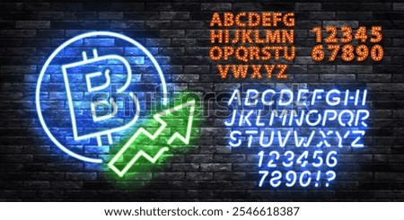 Vector neon sign of Bitcoin logo with neon alphabet and billboards isolated on wall background.