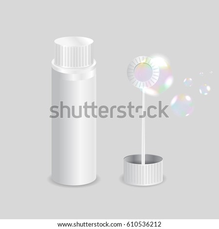 Vector realistic isolated bottle of soap bubbles on the gray background. Realistic template bottle mockup for branding and covering design.