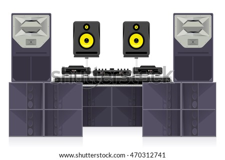 Dance club sound system vector set - studio audio monitors, dj equipment and modern concert loudspeakers.