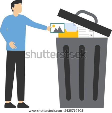 People delete files and move unnecessary files to big trash cans. woman deletes documents with software User deletes folder with documents. Clear digital memory.