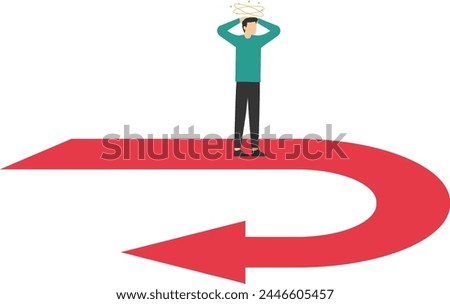 Business turning point, break event or change direction, reverse back, interest rate or financial trend change concept, frustrated businessman investor looking at his reverse direction pathway.

