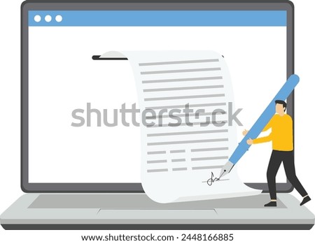 Electronic signature on laptop. Business E-signature technology, digital form attached to electronically transmitted document, verification of intent to sign agreement, E-commerce, legal deal. Vector
