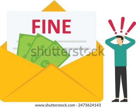 Fine concept. Landing page business metaphor. A sad businessman sits near a large envelope with a bad message. Vector illustration flat design. Isolated on white background.

