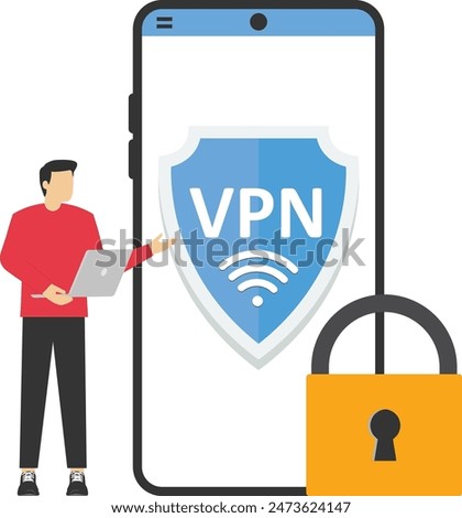 VPN software or plugin. App for secure internet connection, data encryption. Security protocol. Virtual Private Network, landing page template. User or employee uses laptop. Vector

