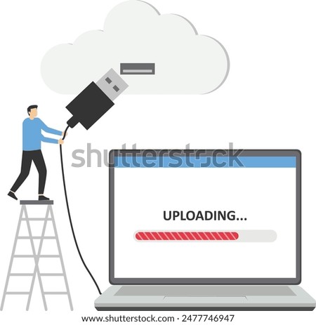 Connect to cloud computing, technology to share secured file and communicate with team while working remotely, upload and download files concept, businessman connect network line with cloud computing.