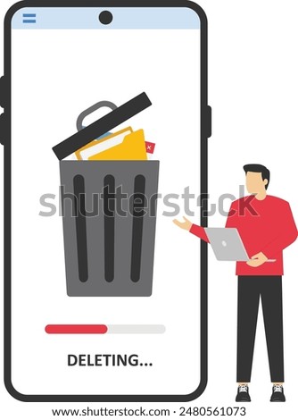 businessman cleaning phone or documents to waste bin smartphone. Modern vector illustration in flat style

