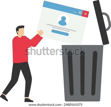 Woman standing with account or profile and trash can. User deleting social account to waste bin. Concept of delete profile, account deactivation, remove data files or page. Flat vector illustration

