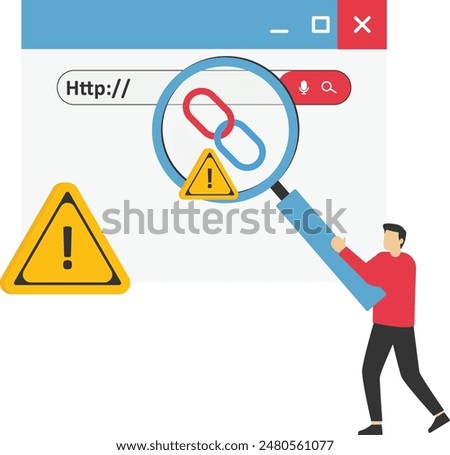 Link security check. Website Inspection and Analysis. a user using a magnifying glass to see how the website that he will visit is safe or risky. prevention of harmful and suspected links

