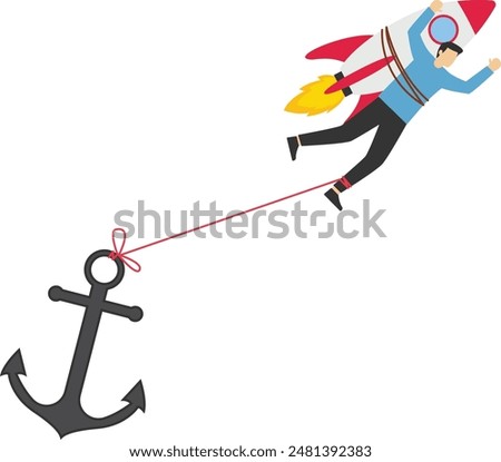 Rocket taking off is chained to anchor holding onto the falling chart. Economic crisis prevents successful launch of business projects. Failed startup. No profit, business failure. Flat vector illustr