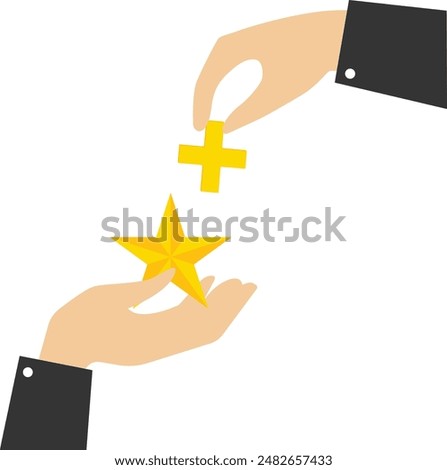 Added value, additional profit or development for more benefits concept, an increase of product value or price to make a profit, businessman hand holding star value and other additional plus sign.