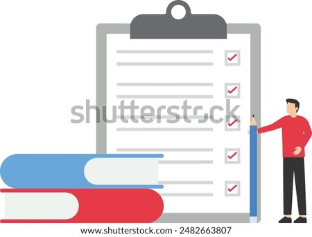 Exam preparation concept, school exam, exam concept, checklist and hourglass, choose answer, questionnaire form, education, vector flat illustration