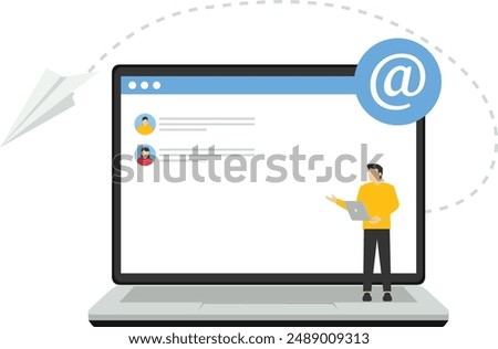 Mailing list to send email campaign, send promotion or communicate marketing message concept, email subscription management software, businessman with laptop computer send mailing list.