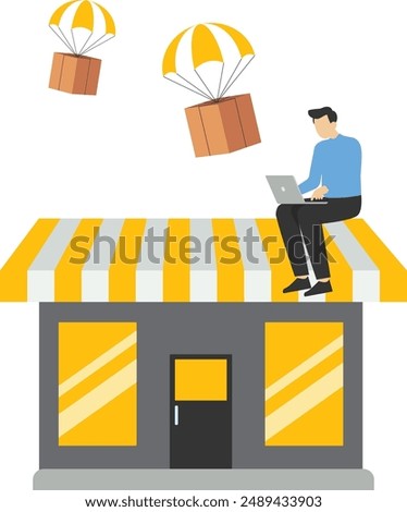 Dropshipping business model with opening e-commerce website shop and supplier deliver product directly to customer, businessman using computer with flying parachute drop ship package delivery