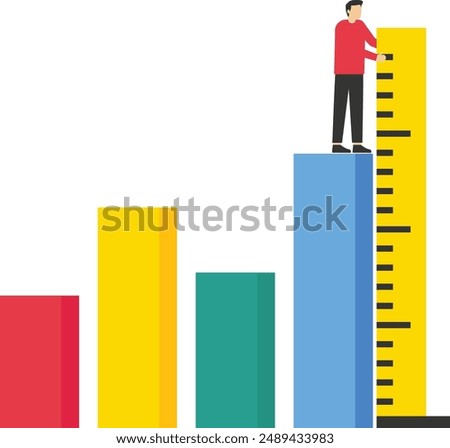 improvements business growth concept, Business benchmark measurement, Kor PI, key performance indicators to evaluate success, businessman, and woman help using measuring tape to measure bar graph.