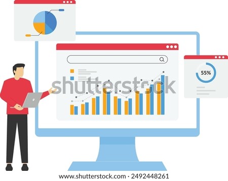 internet dashboard concept, businessman analytics and monitoring in web reports dashboard monitoring concept and data analysis research, flat vector illustration design for business financial planning