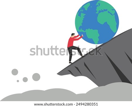 Hand businessman try hard to push the globe from falling off a cliff. Global economic risks. Vector illustration

