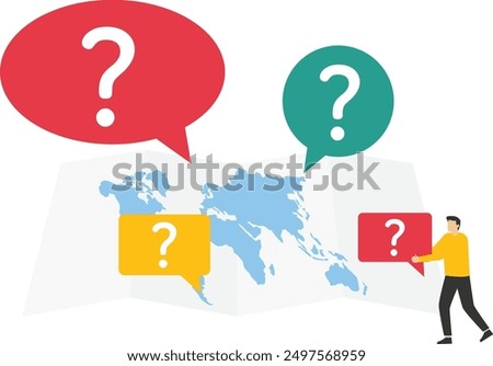 Businessman put new question mark on world map across globe. Confusion problem or doubt, lost in trouble or complexity, misunderstanding.

