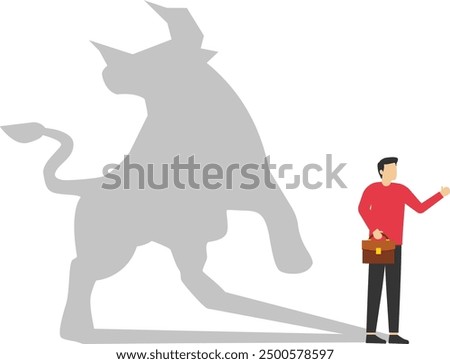 Confident businessman standing bull shadow concept illustration. Trade exchange, green bull. Global economy boom. Modern vector illustration in flat style

