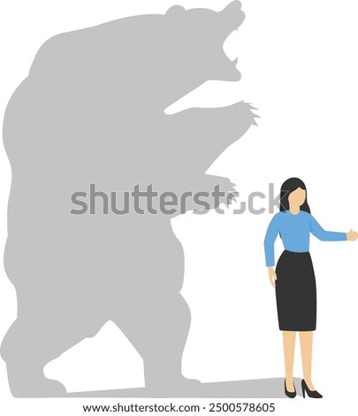 Businesswoman standing bear shadow concept illustration. Bear or bearish market trend, Trade exchange background. Global economy crash.

