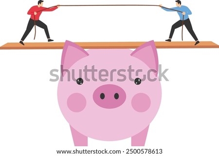 Business people play tug of war game standing on scales, pulling opposite ends of rope. Modern vector illustration in flat style

