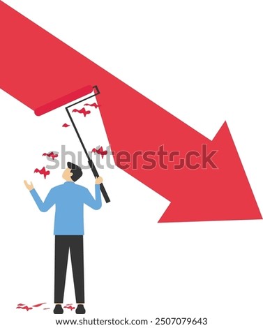 Businessman climb up ladder to paint a red arrow down. Draws with red paint and a brush close-up. Vector illustration

