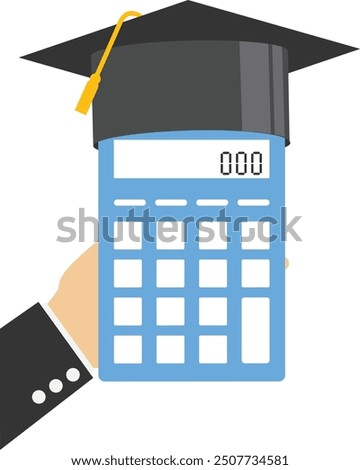 Students standing with mortar board hat calculator or phone. Student loan calculation, education budget allocation, university expense and debt pay off or scholarship payment.

