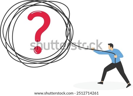 Businessman pulling the rope trying to untie the tangled ropes tied with question marks. Solving problem. flat vector illustration.

