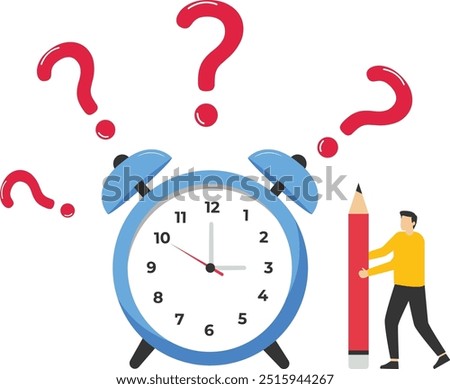 Smart businesswoman holding a pencil standing thinking and questioning a clock. Sets the work deadline. Flat vector illustration.

