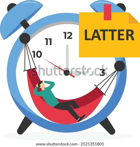 Procrastination or wasting work time with businessman sleeping leaning on an alarm clock with the word later written on paper sticky notes, delaying work or wasting time, laziness to do a task or job
